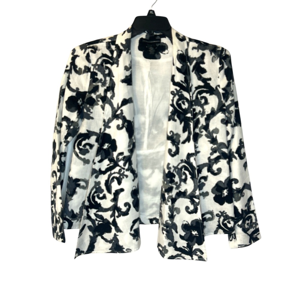 Grace Elements Linen Blazer Black Floral Print Open‎ Front Jacket Size 4